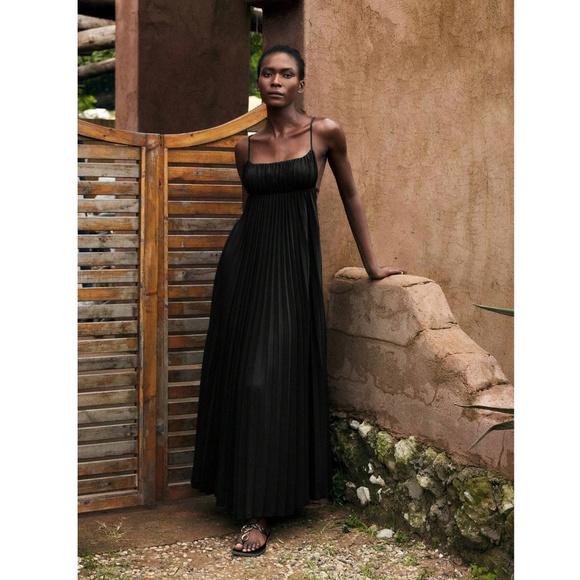 Black Pleated Maxi Babydoll Dress Open Back Flowy Skirt Tie Straps - Picture 4 of 10